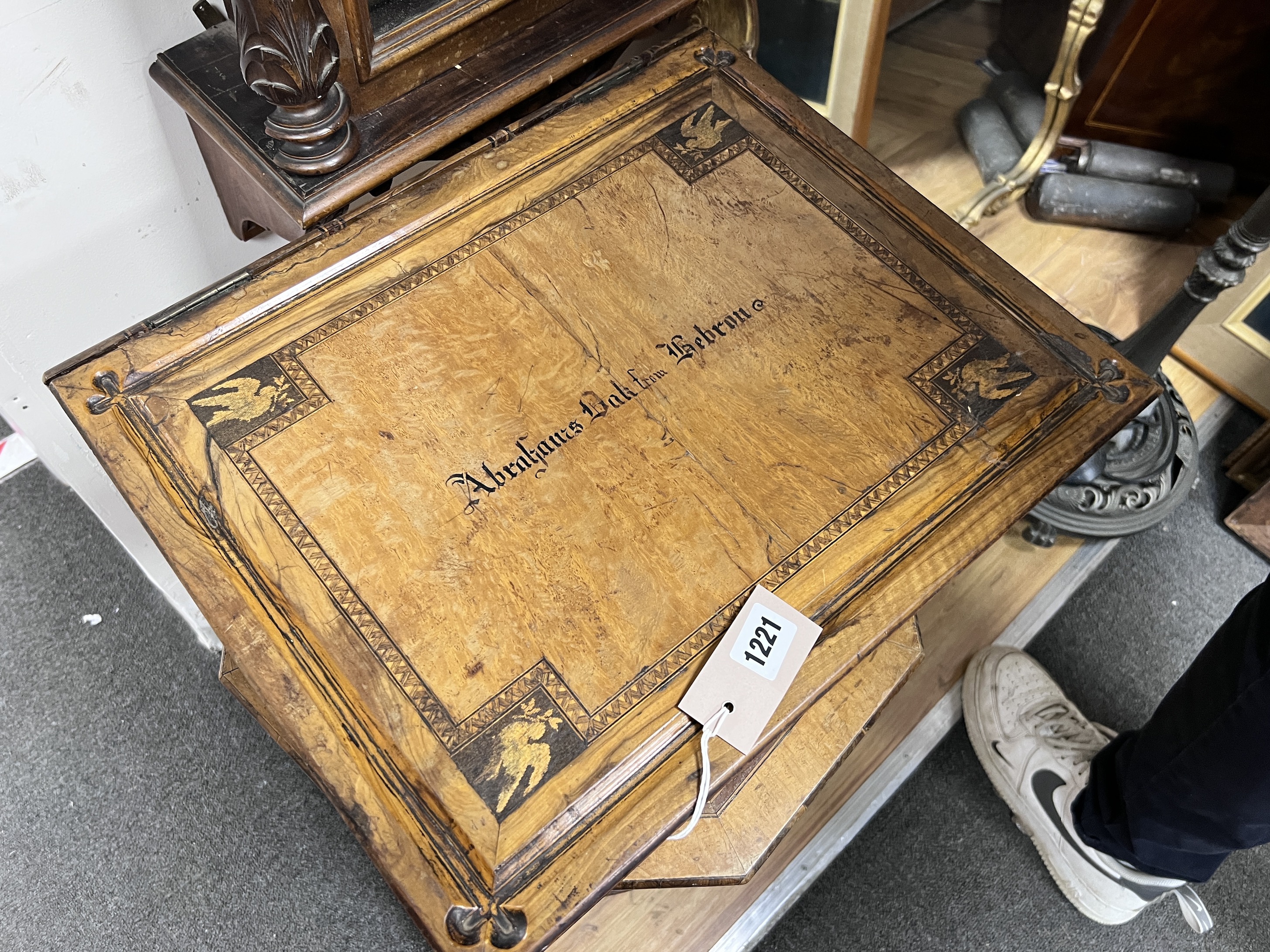 Judaica - a Jerusalem olive wood table, width 38cm and a similar bible box, inscribed 'Abrahams oak from Lebron', 45cm